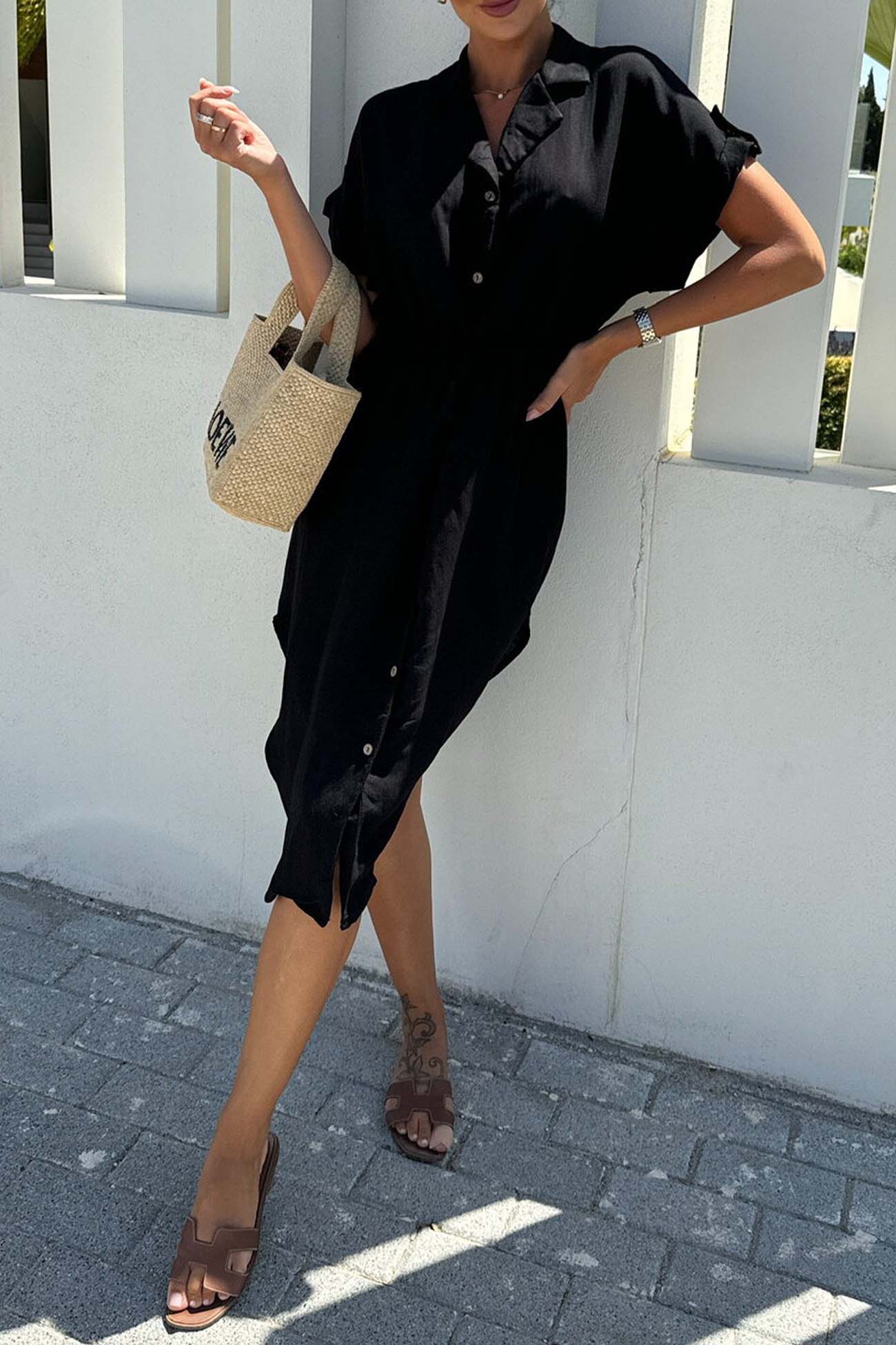 Button Down Short Sleeve Waist Tie Shirt Dress - Fashionpara