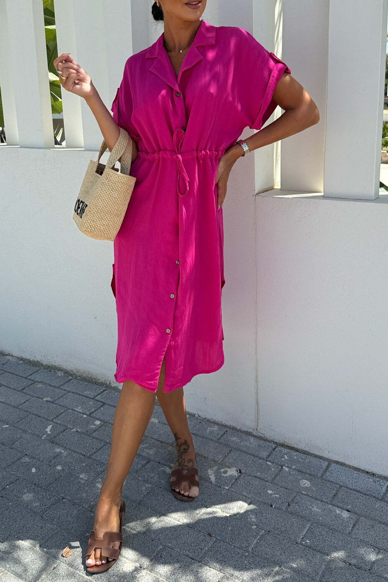 Button Down Short Sleeve Waist Tie Shirt Dress - Fashionpara