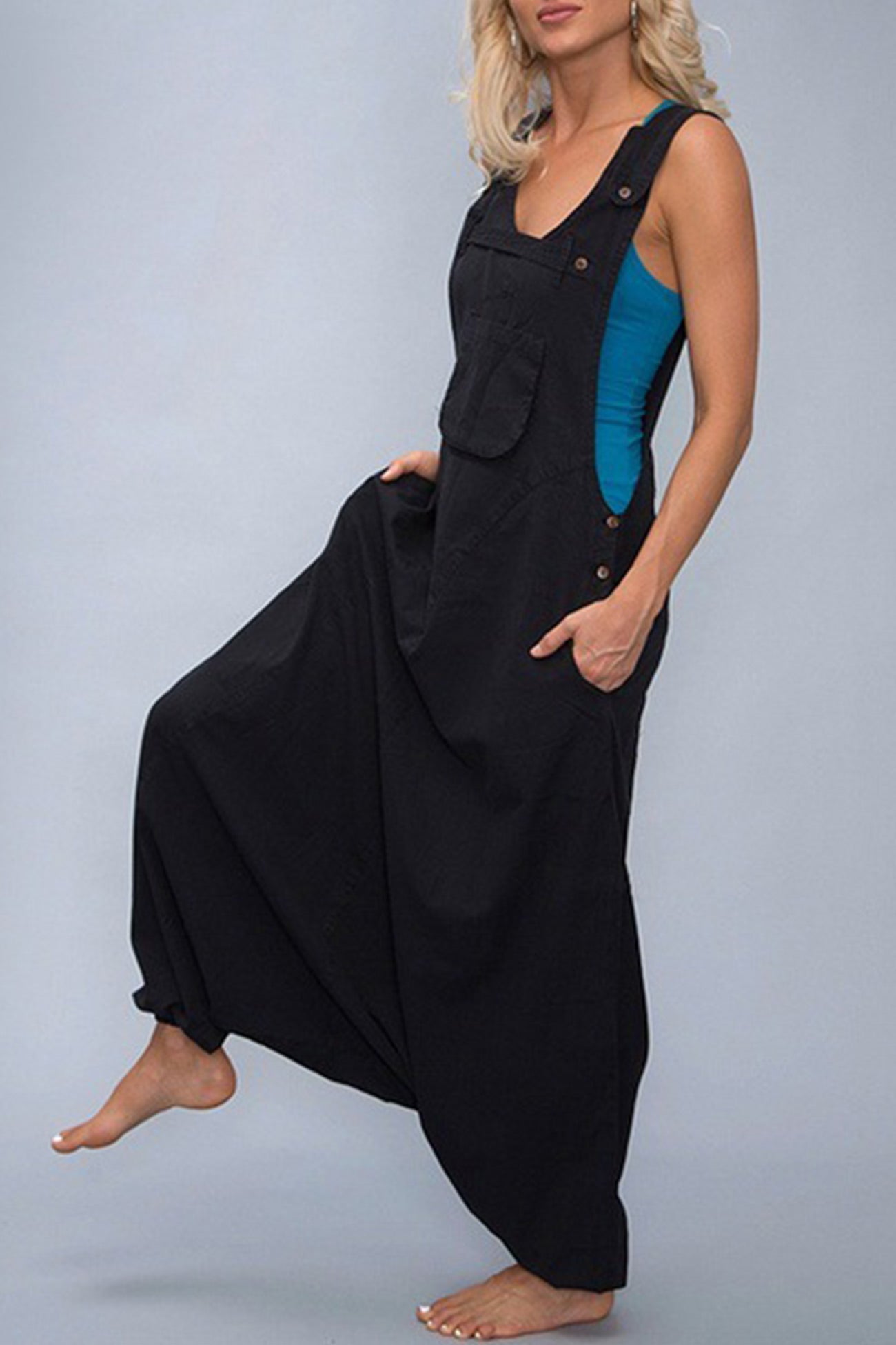 Buttoned Sleeveless Harem Cotton Jumpsuits - Fashionpara