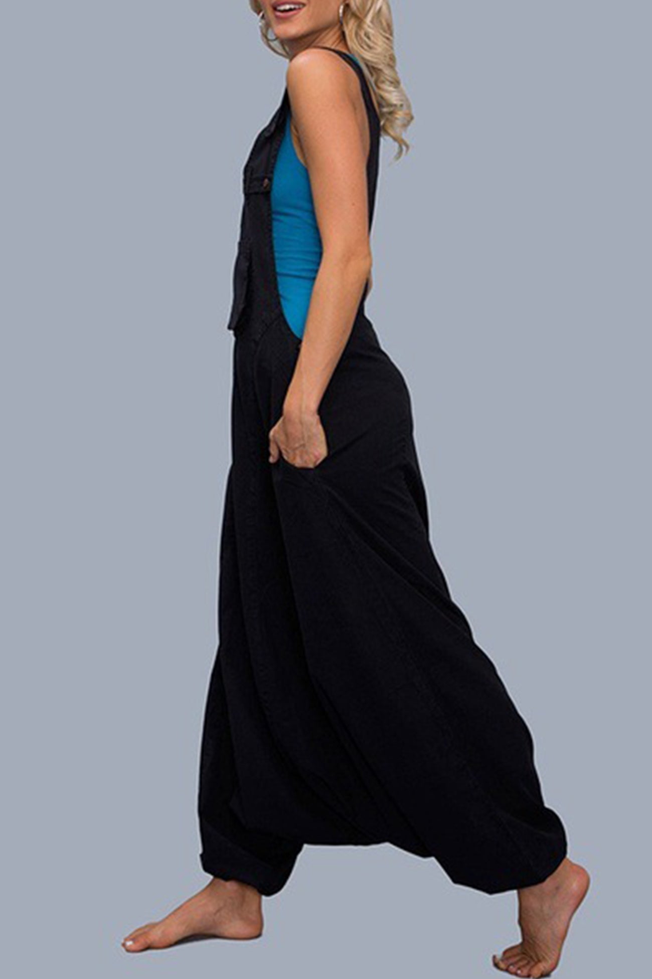 Buttoned Sleeveless Harem Cotton Jumpsuits - Fashionpara