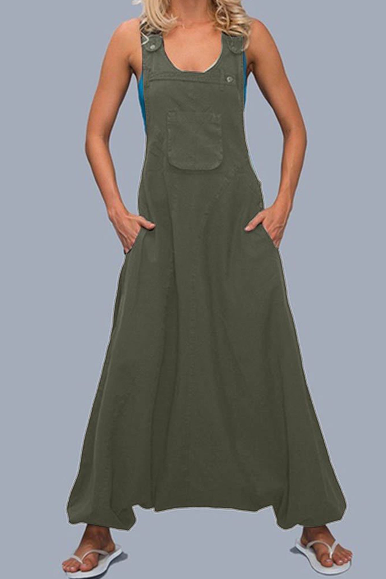 Buttoned Sleeveless Harem Cotton Jumpsuits - Fashionpara