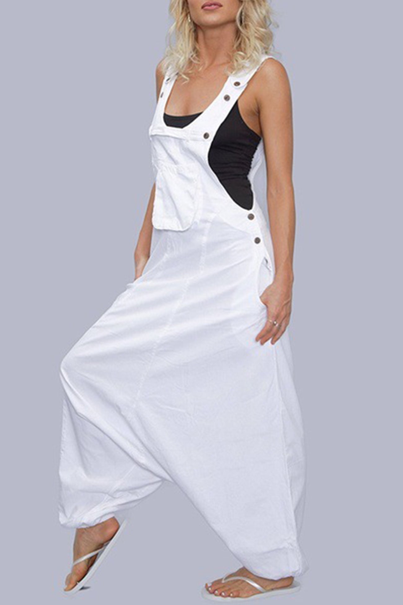 Buttoned Sleeveless Harem Cotton Jumpsuits - Fashionpara
