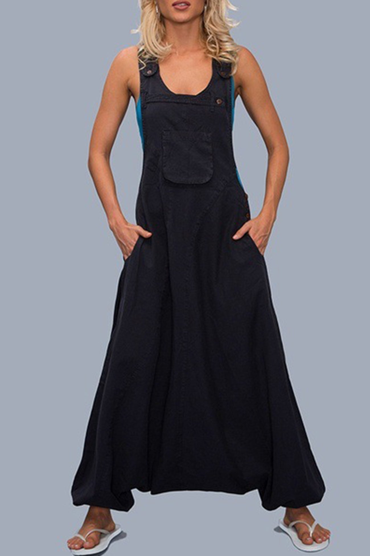 Buttoned Sleeveless Harem Cotton Jumpsuits - Fashionpara