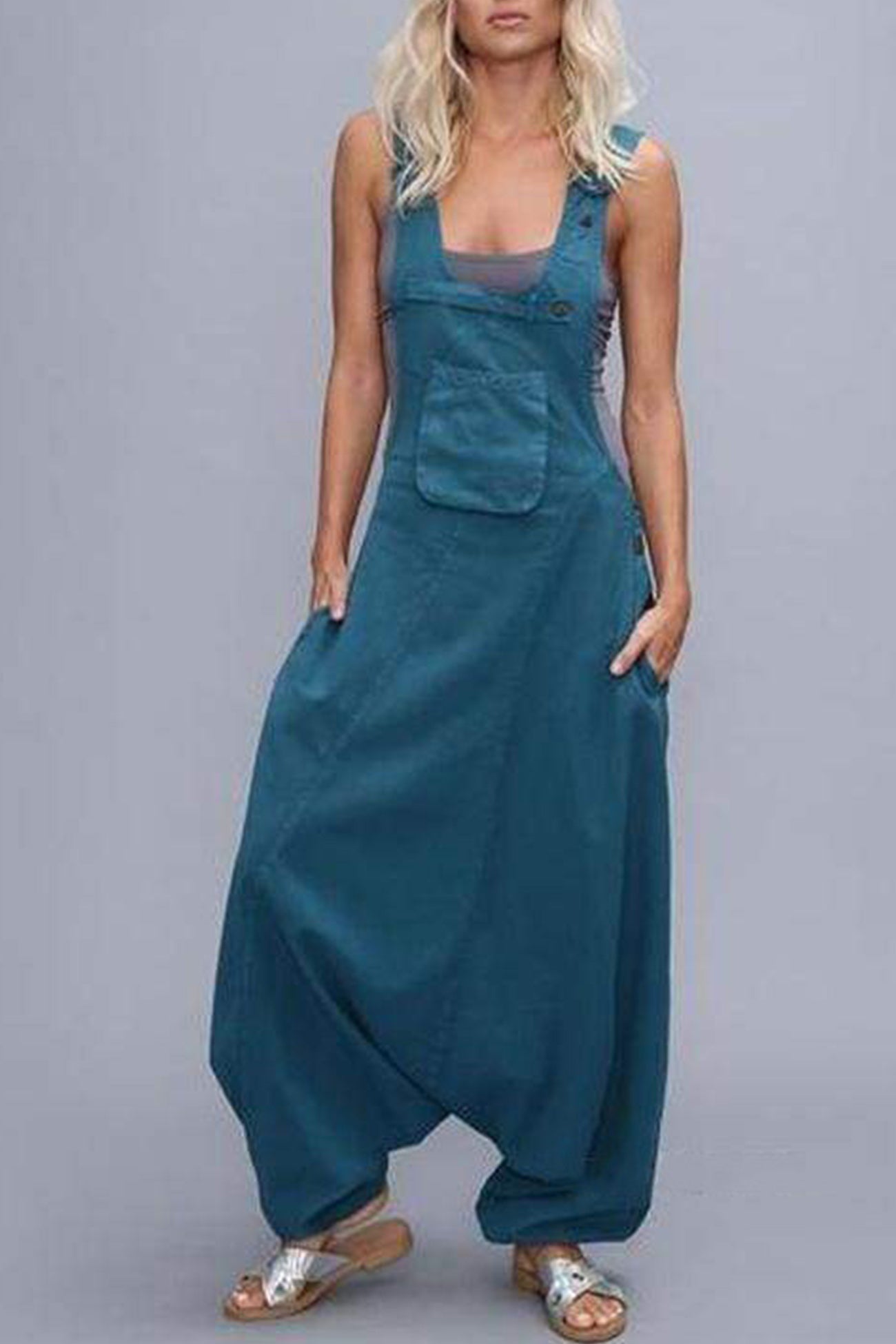 Buttoned Sleeveless Harem Cotton Jumpsuits - Fashionpara