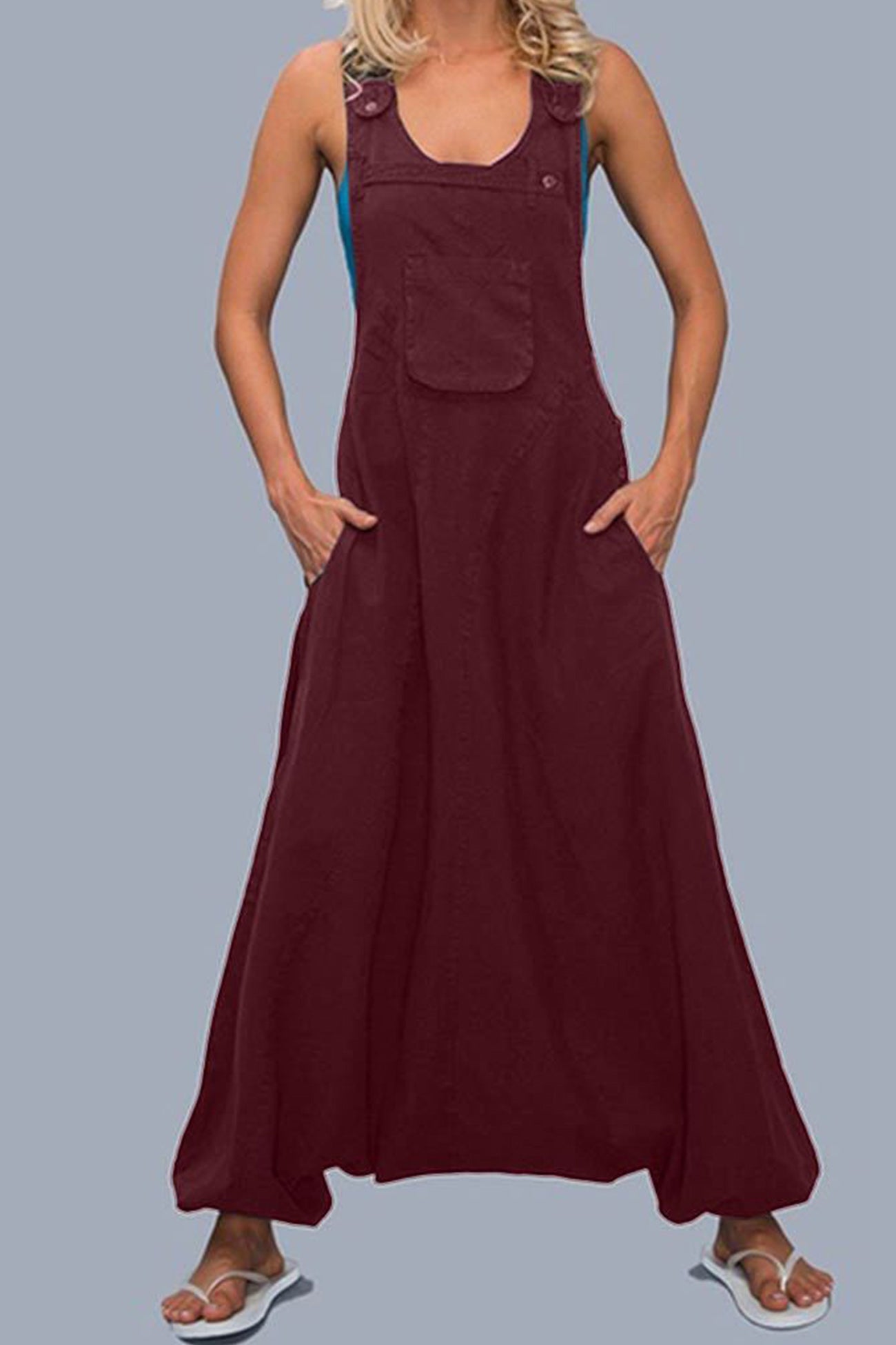 Buttoned Sleeveless Harem Cotton Jumpsuits - Fashionpara