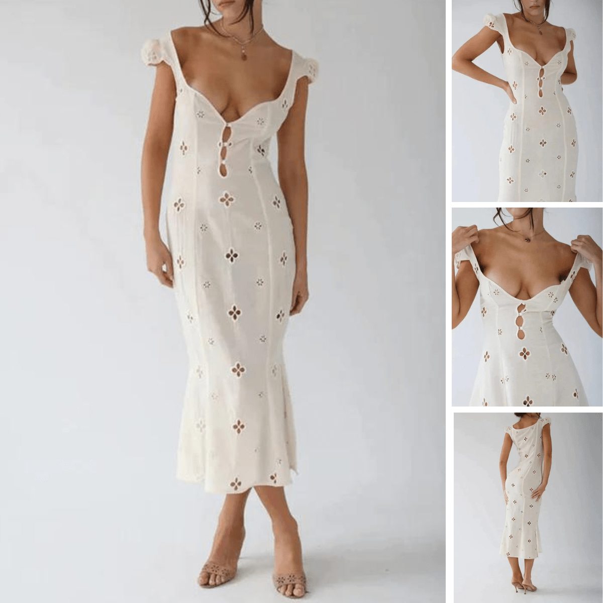 Eyelet Embroidered Cap Sleeve Keyhole Button Front Bodycon Midi Dress - View 4