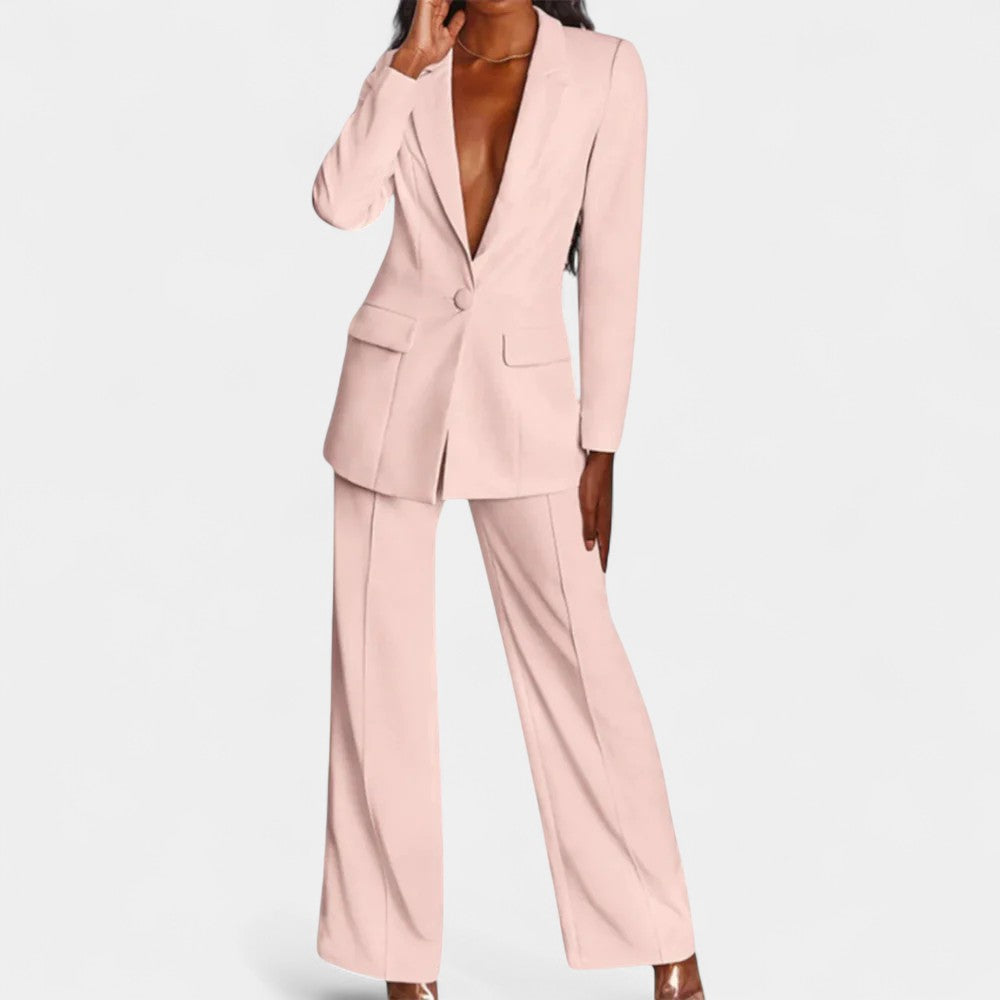 Deep V Single Button Blazer and Wide Leg Pants Two Piece Suit Set 6