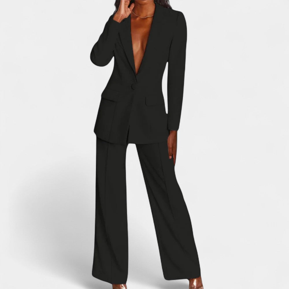 Deep V Single Button Blazer and Wide Leg Pants Two Piece Suit Set 5