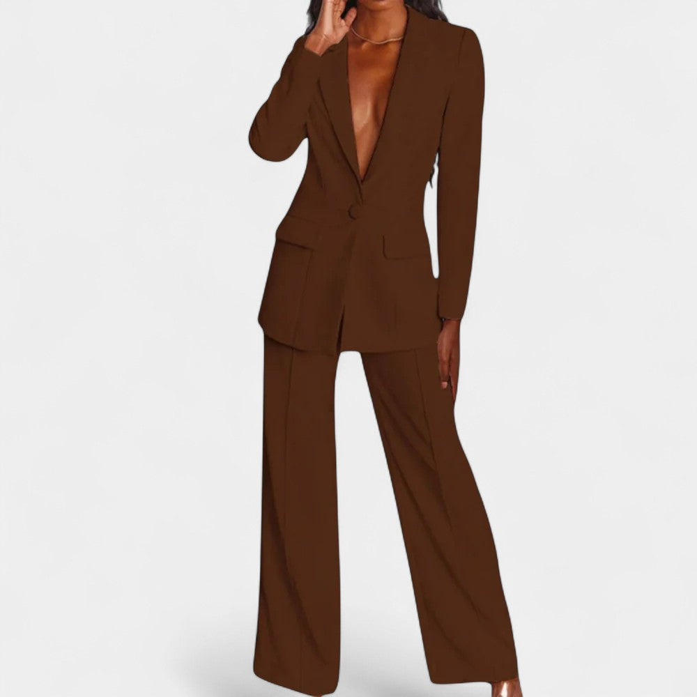 Deep V Single Button Blazer and Wide Leg Pants Two Piece Suit Set