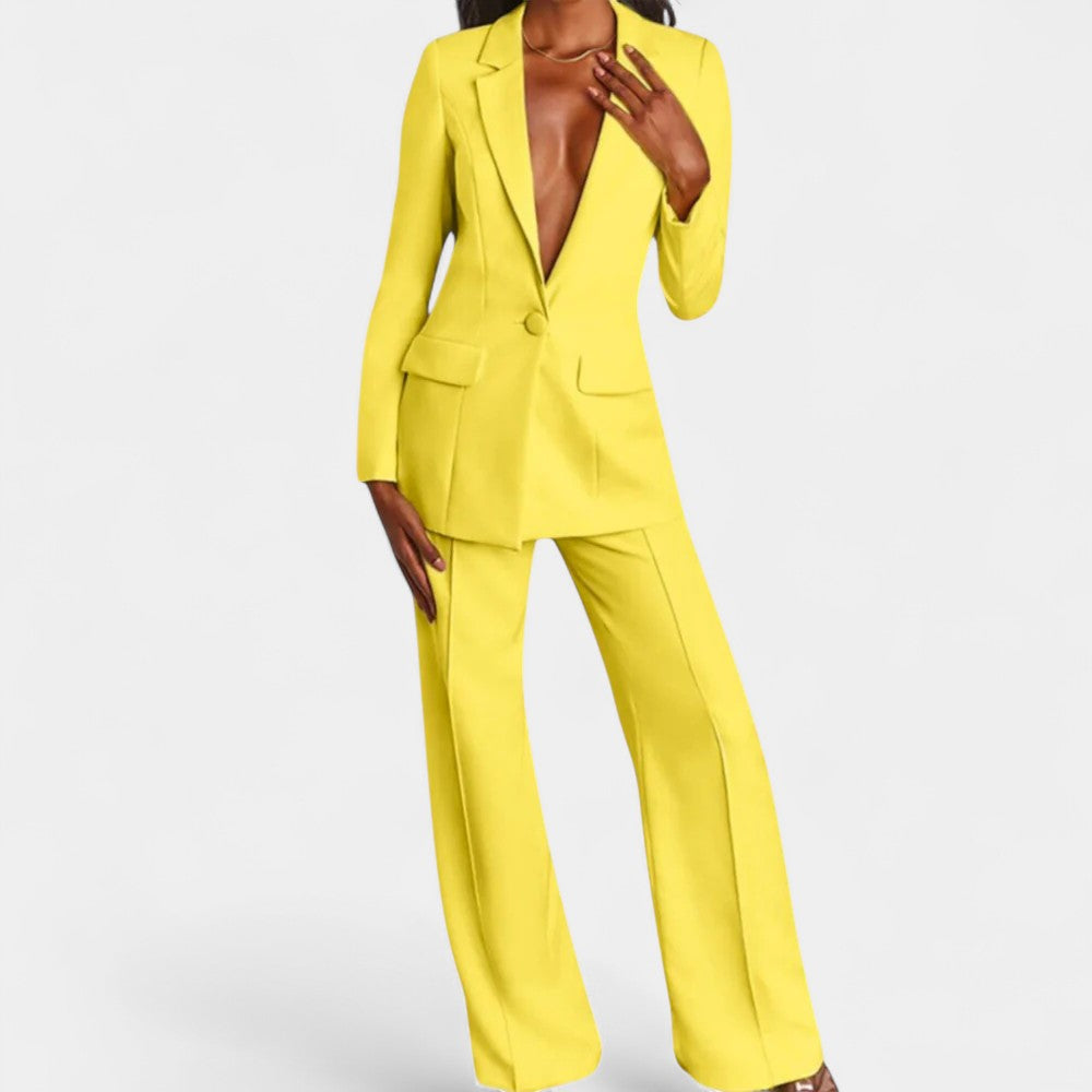 Deep V Single Button Blazer and Wide Leg Pants Two Piece Suit Set 7