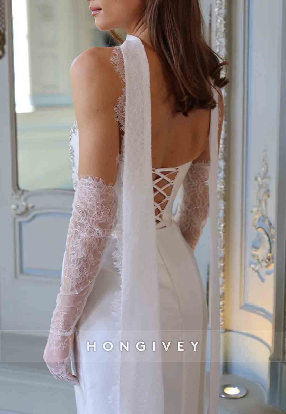 Strapless Crisscross Back Lace Sleeves Appliqued Column Wedding Dressesaa