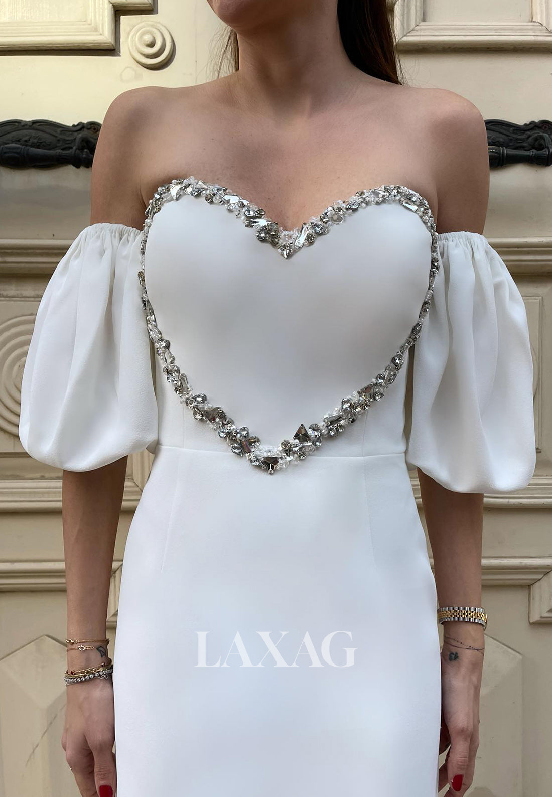 Sweetheart Half-Sleeves Heart-Rhinestone Bride Gowns Ankle-Length Fitted Wedding Dress