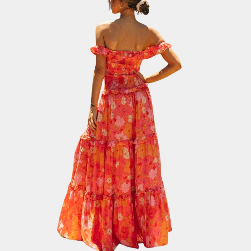 Off Shoulder Smocked Ruffle Tiered Floral Print Maxi Dress - View 4