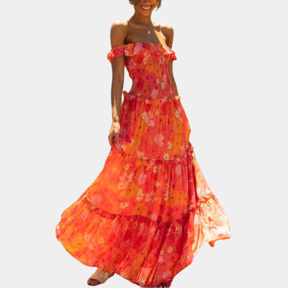 Off Shoulder Smocked Ruffle Tiered Floral Print Maxi Dress