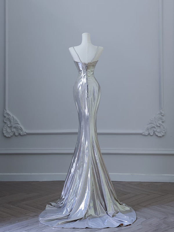 Sexy Mermaid Spaghetti Straps Silver Sequin Long Prom Dresses S3820