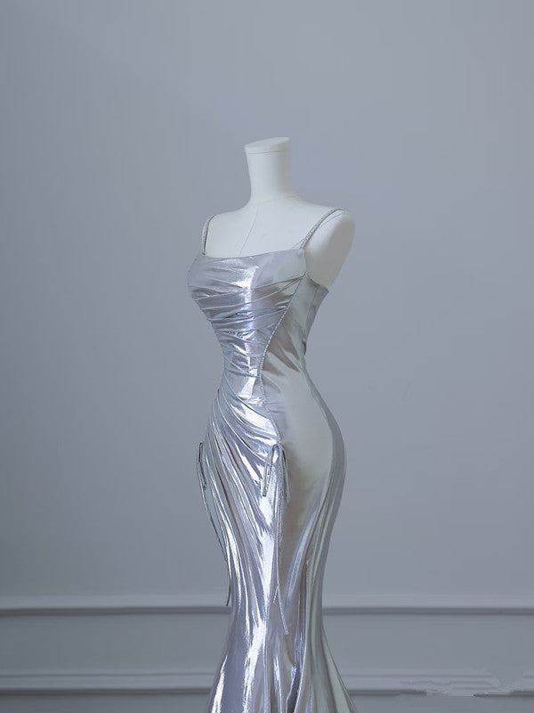 Sexy Mermaid Spaghetti Straps Silver Sequin Long Prom Dresses S3820