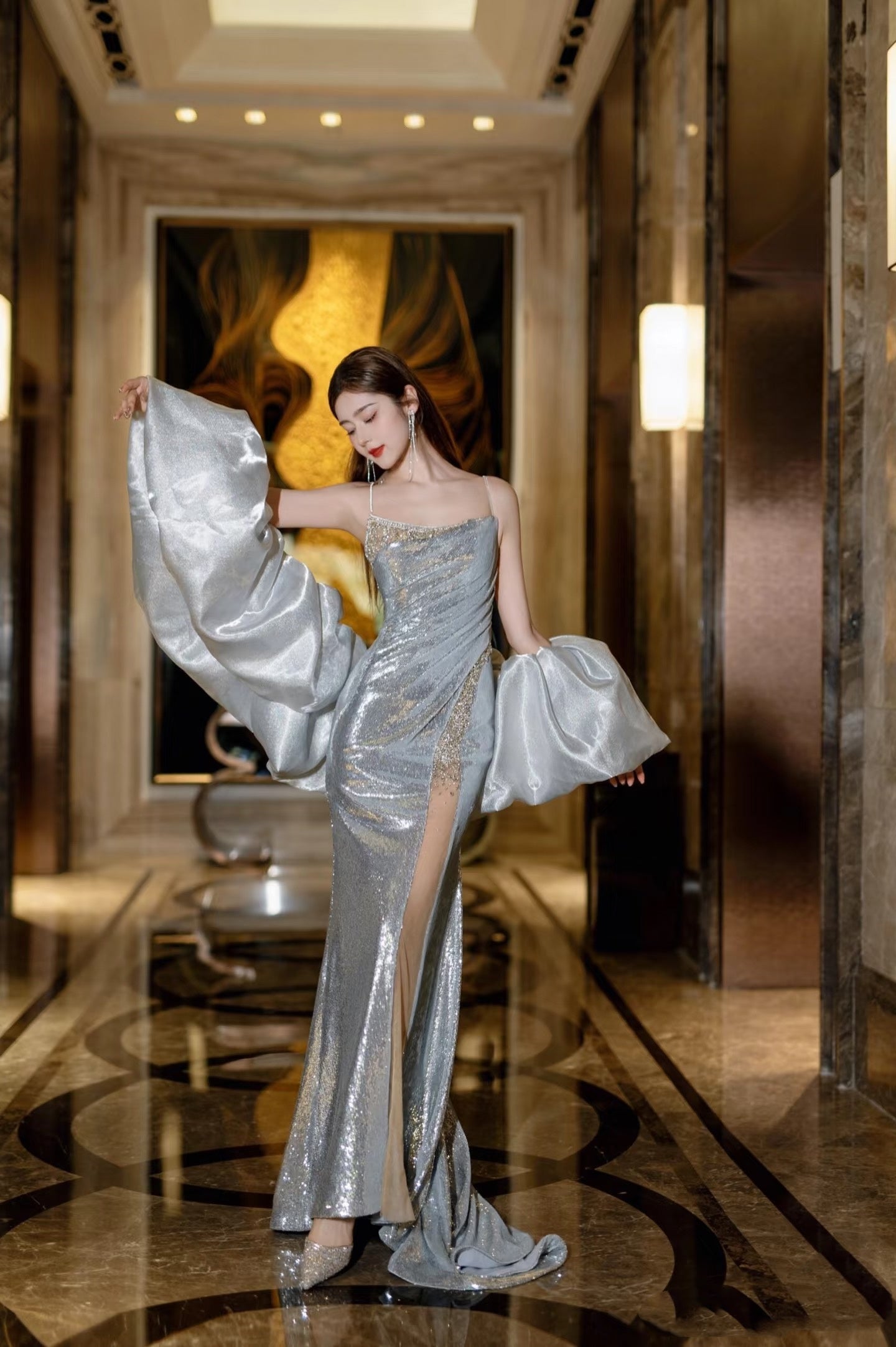 Sexy Mermaid Spaghetti Straps Silver Sequin Long Prom Dresses Evening Gowns S3825