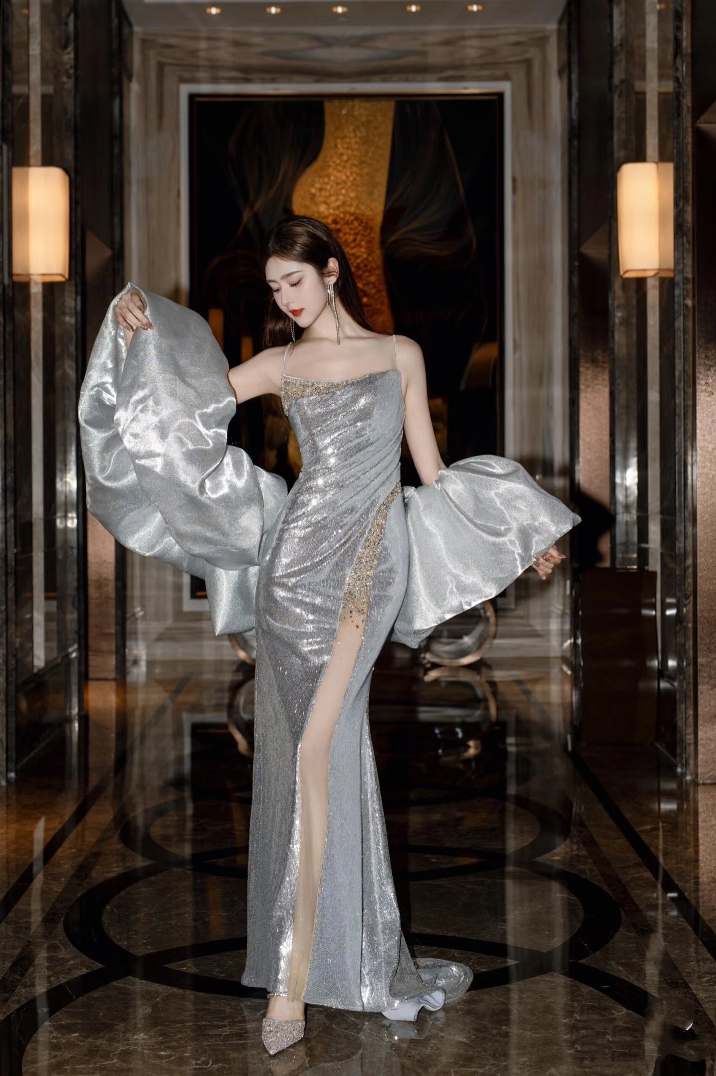 Sexy Mermaid Spaghetti Straps Silver Sequin Long Prom Dresses Evening Gowns S3825