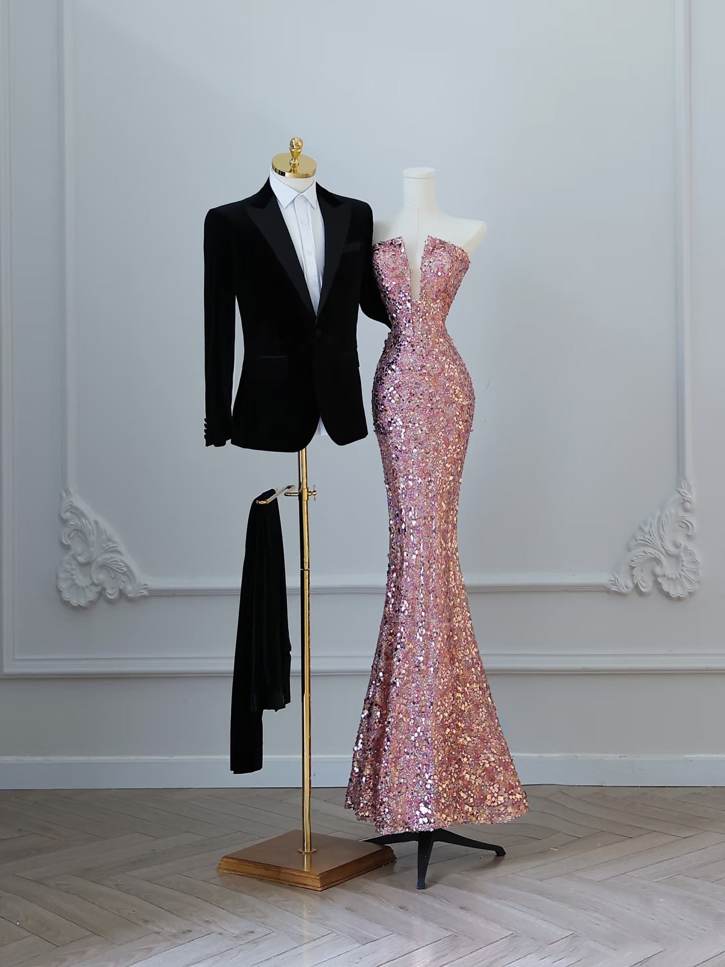 Sexy Mermaid Strapless Pink Sequin Long Prom Dresses Evening Gowns S3834