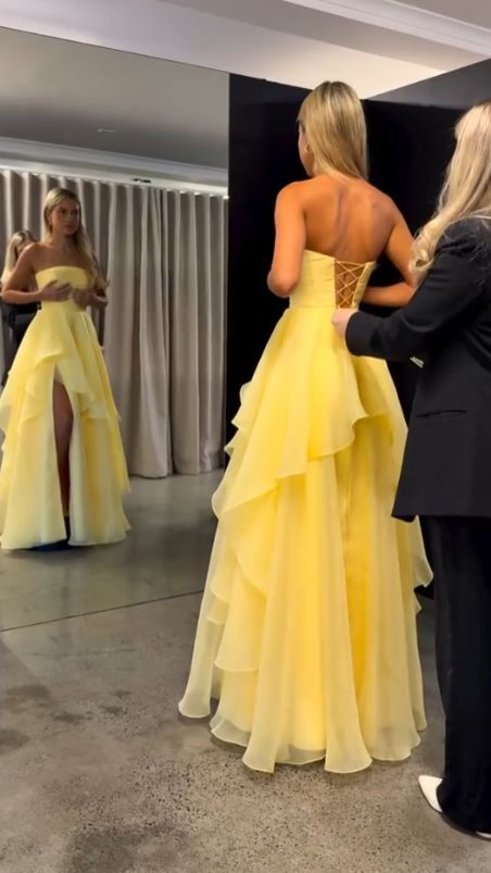 Classy Strapless Yellow Satin Tulle Slit Long Prom Dress Formal Birthday Party Dress D1141