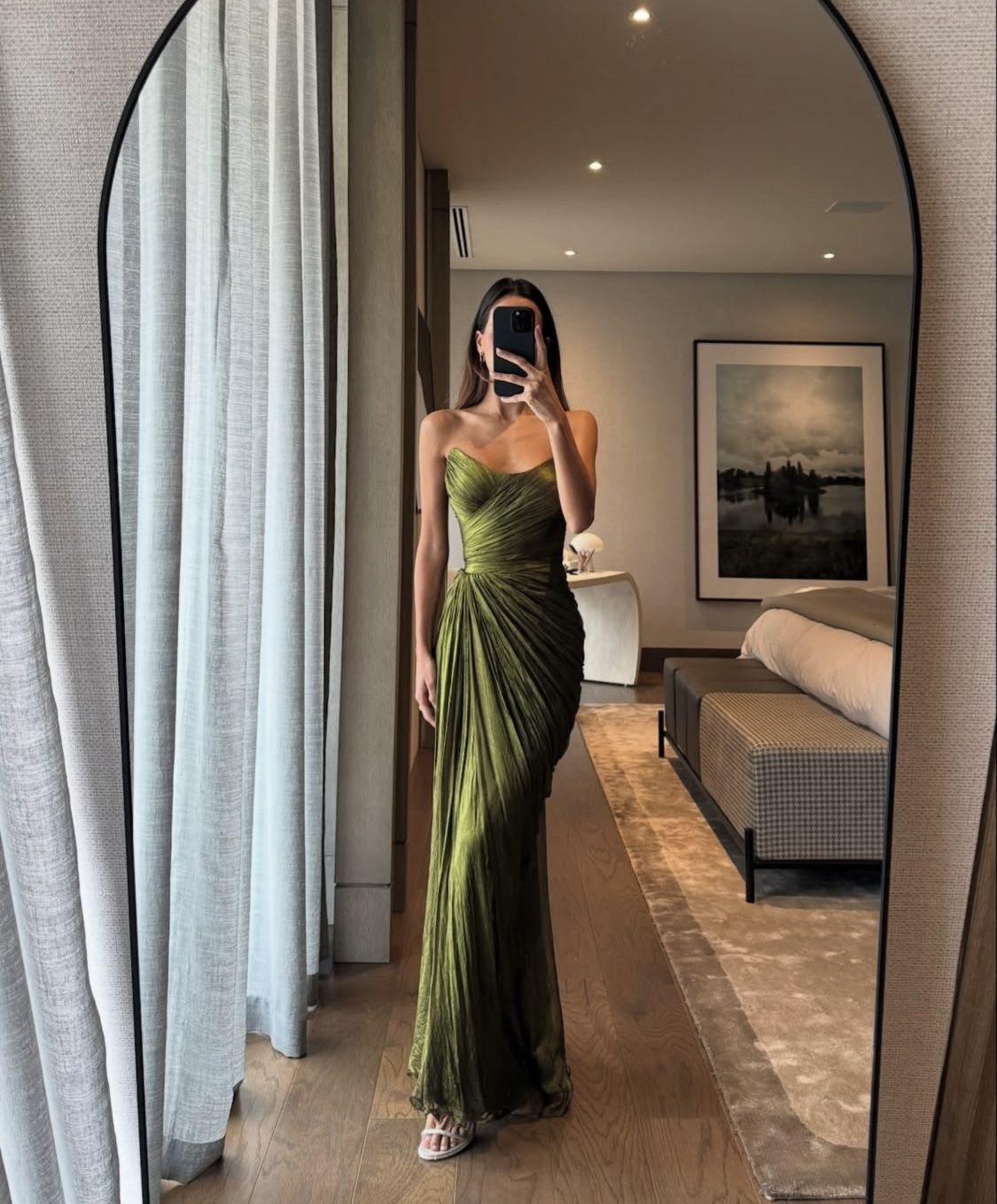 Vintage Green Strapless Tulle Pleated Mermaid Long Evening Dress Formal Guest Dress D827