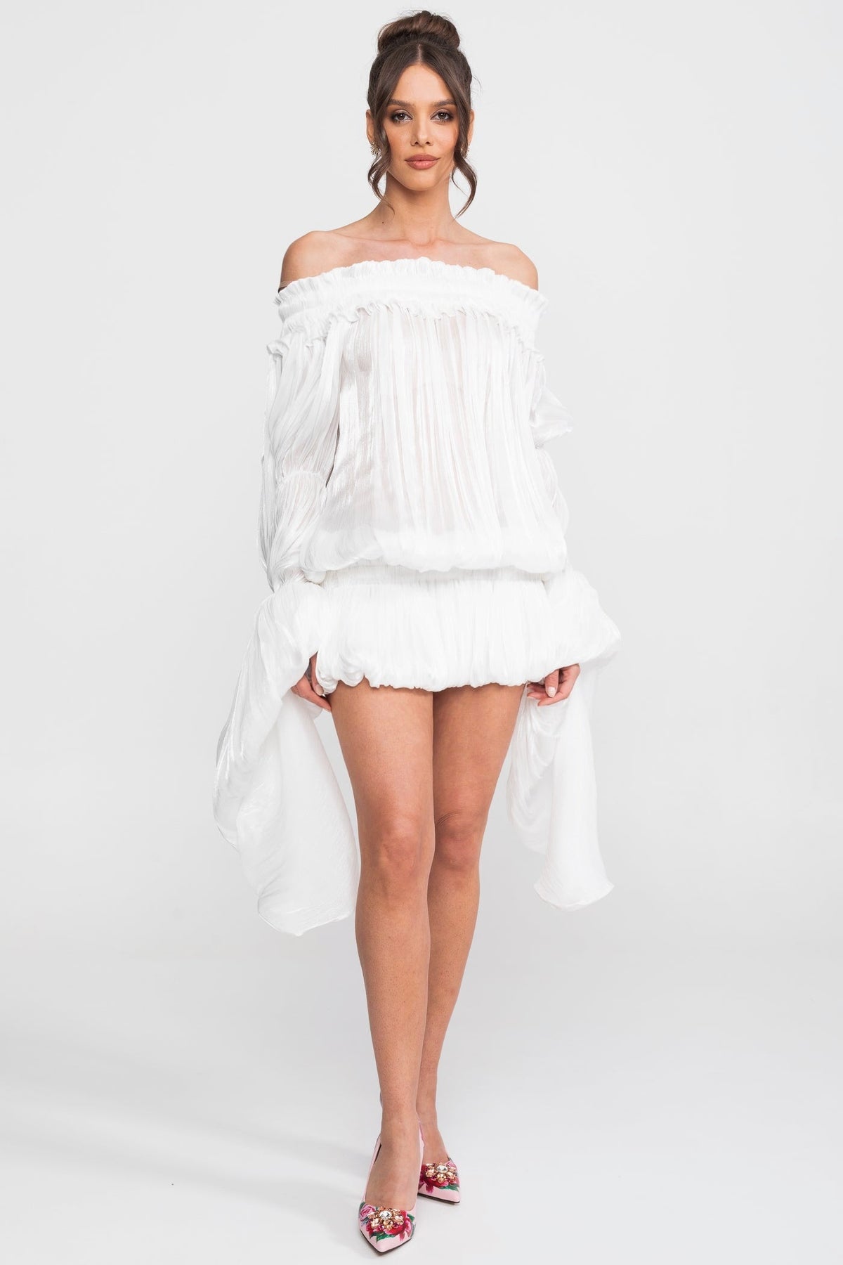 Off-Shoulder Ruffle Mini Dress With Draped Sleeves - White - View 4