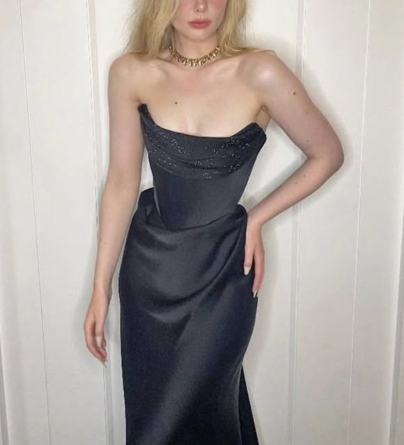 Elegant Strapless Black Satin Beaded Mermaid Long Party Dress Formal Wedding Guest Dress D901