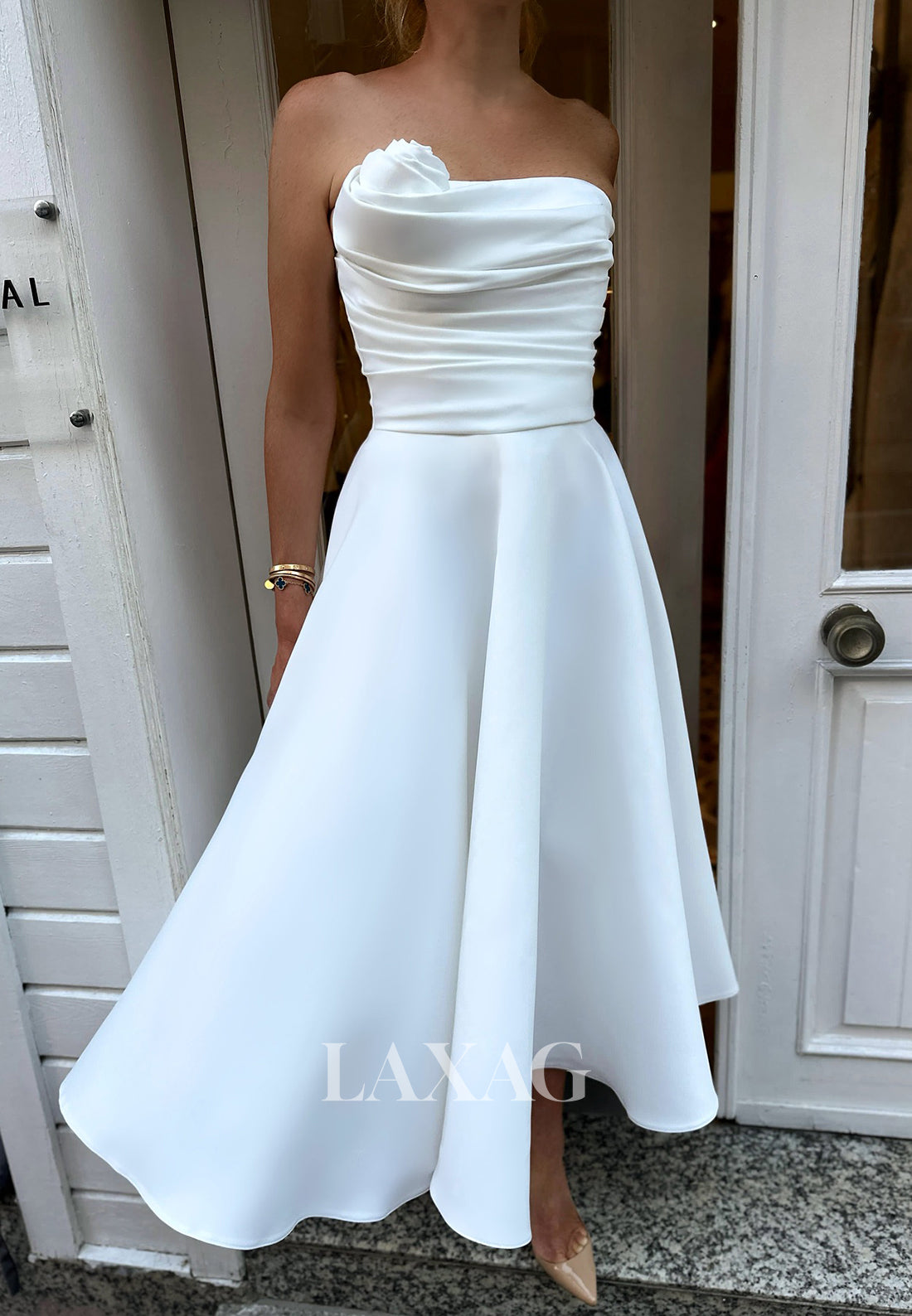 Asymmetrical-Neck Ankle-Length Bride Gowns Sleeveless Pleated Satin A-Line Wedding Dress