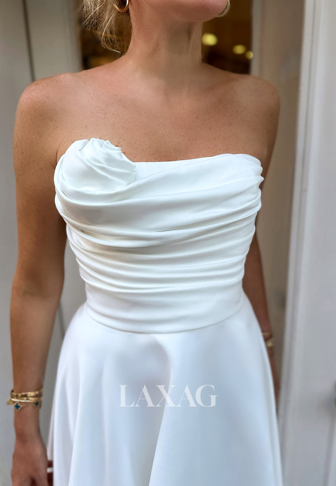 Asymmetrical-Neck Ankle-Length Bride Gowns Sleeveless Pleated Satin A-Line Wedding Dress
