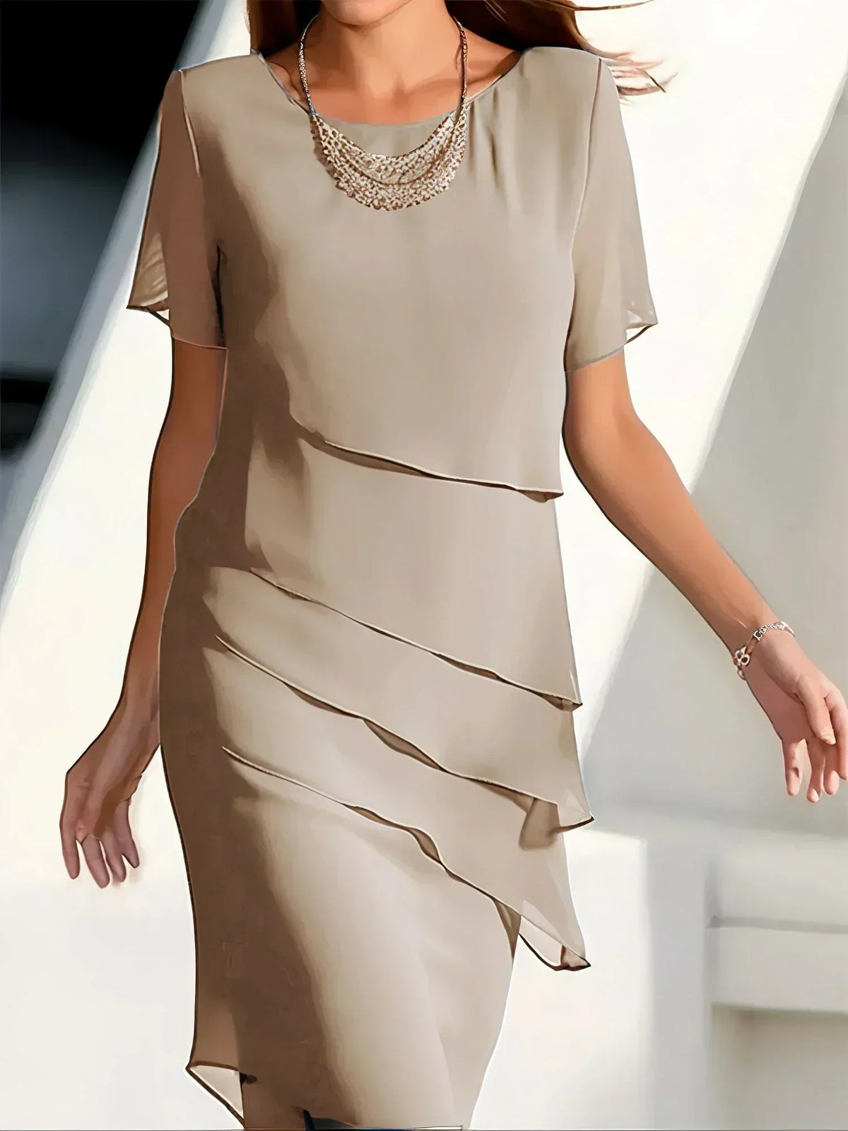 Chiffon Short Sleeve Diagonal Overlap Tiered Knee Cocktail Dress - View 5