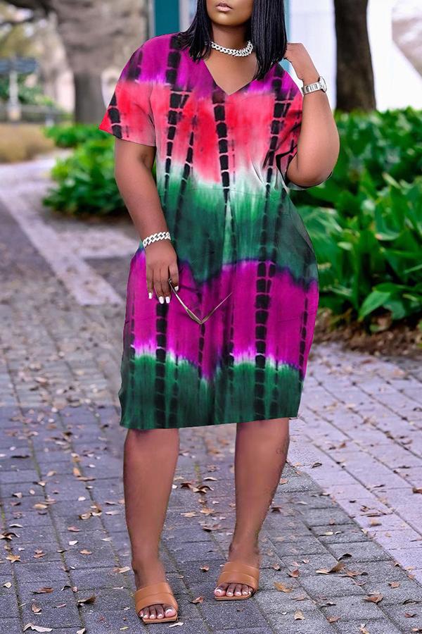 V-neck Tie Dye Pocket Midi Dress  Fashionpara