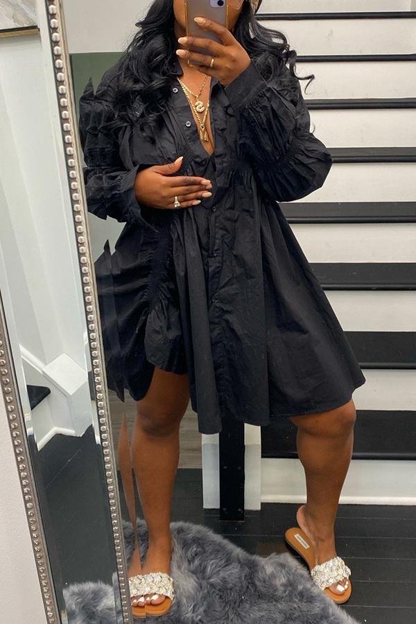Chic Solid Long Sleeve Drawstring Shirt Dress
