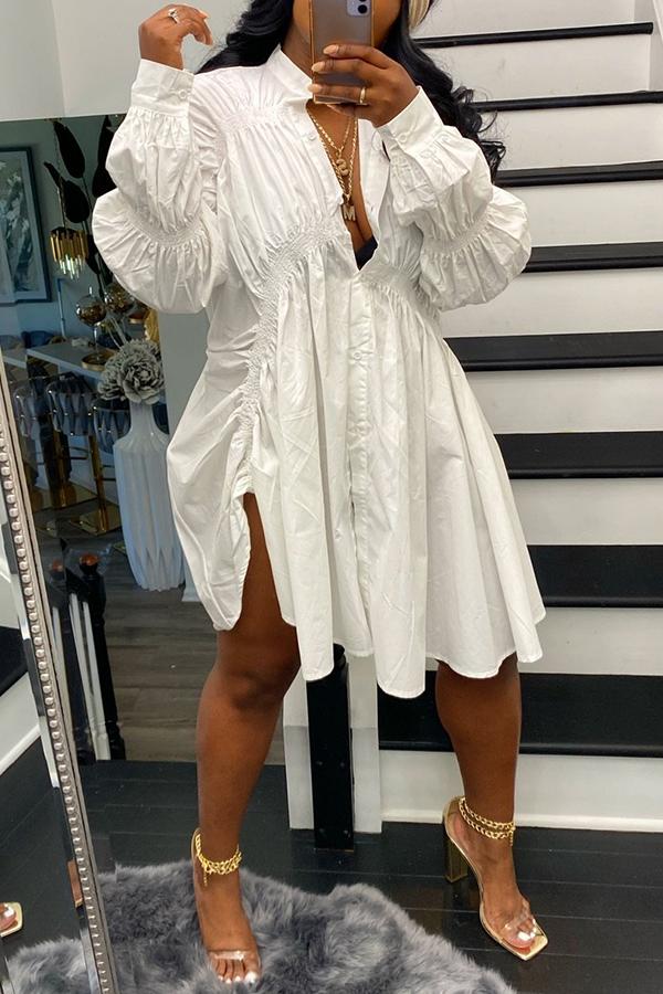 Chic Solid Long Sleeve Drawstring Shirt Dress