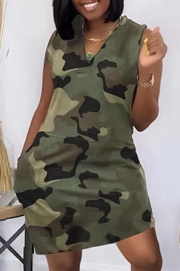 Camouflage V-Neck Pocket Dress
