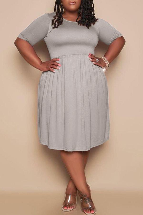 Plus Size Solid Short Sleeve Pocket Midi Dress  Fashionpara