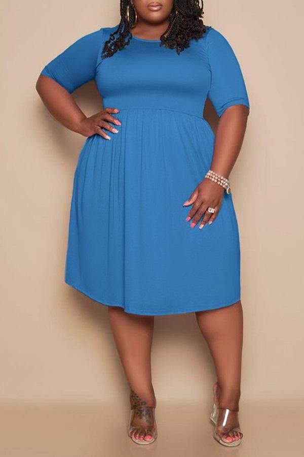 Plus Size Solid Short Sleeve Pocket Midi Dress  Fashionpara