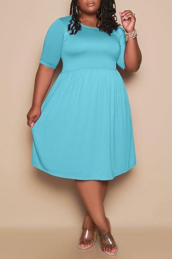 Plus Size Solid Short Sleeve Pocket Midi Dress  Fashionpara