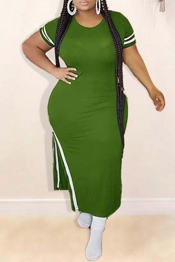 Plus Size Striped Short Sleeve Slit Maxi Dress  Fashionpara