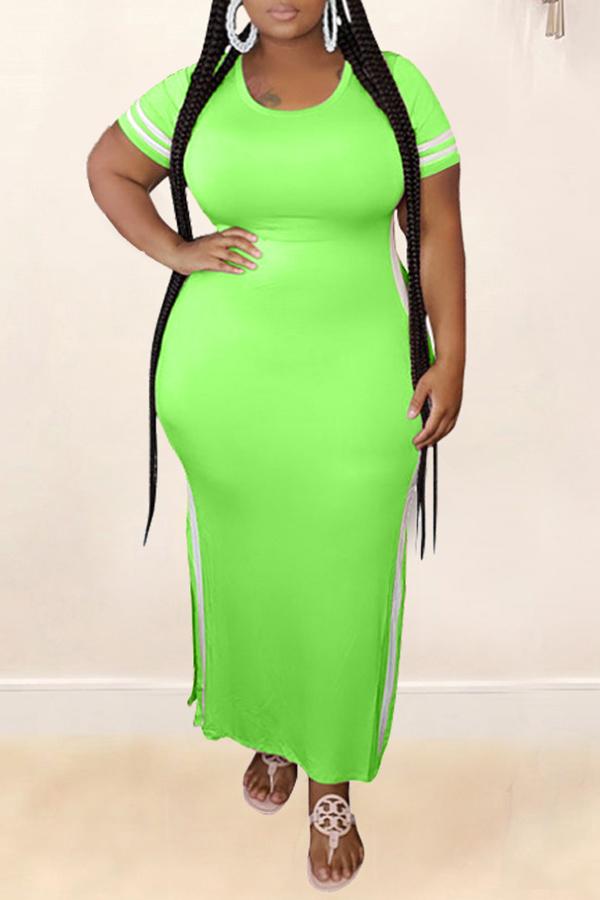 Plus Size Striped Short Sleeve Slit Maxi Dress  Fashionpara