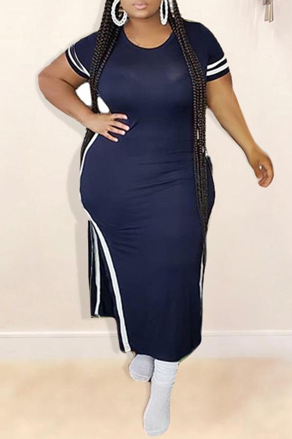 Plus Size Striped Short Sleeve Slit Maxi Dress  Fashionpara