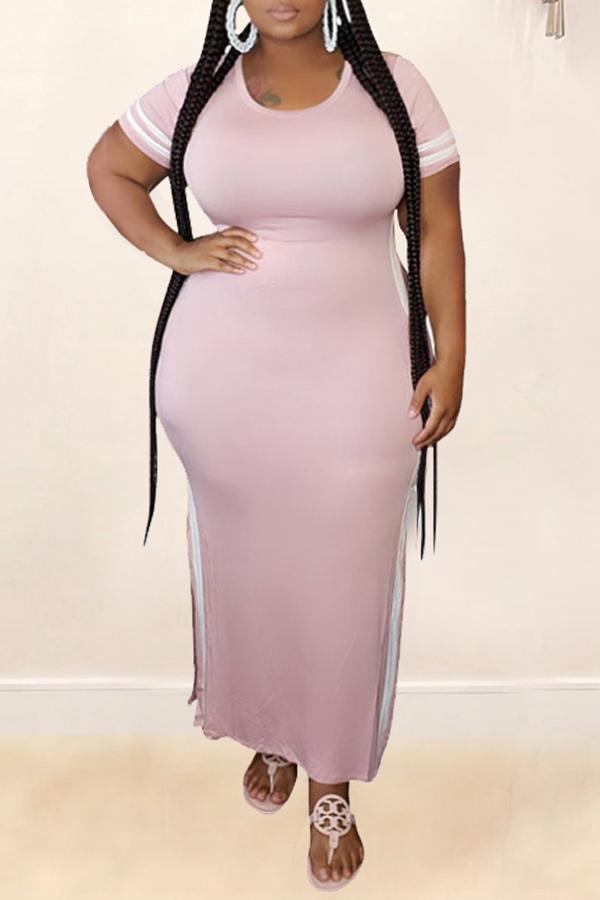 Plus Size Striped Short Sleeve Slit Maxi Dress  Fashionpara