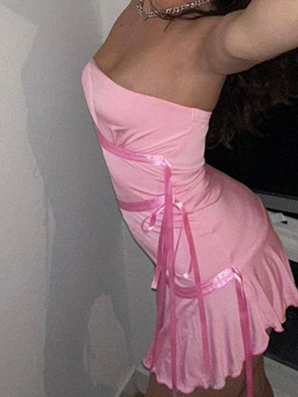 Strapless Ruched Satin Ribbon Ruffle Mini Dress 18