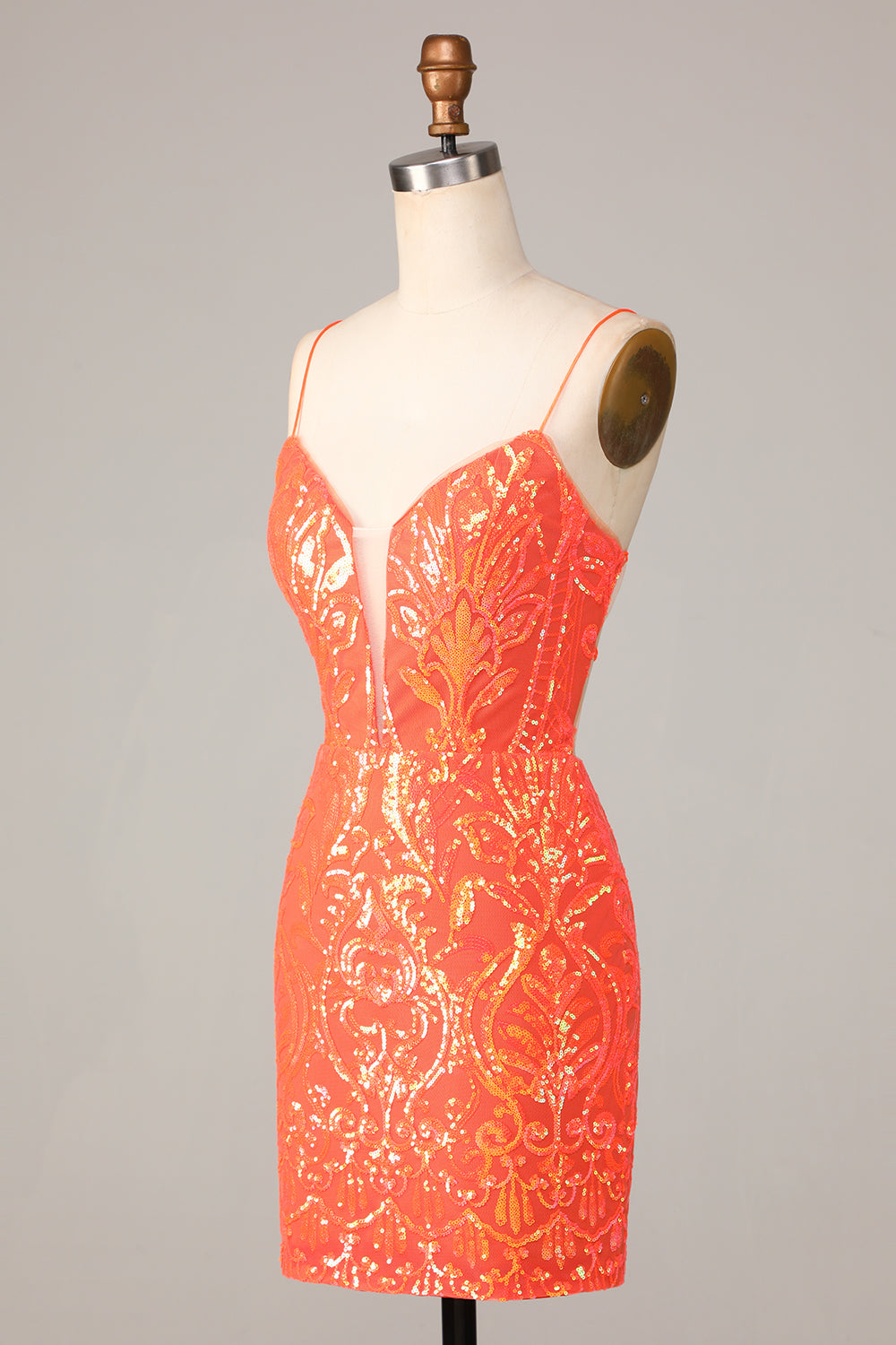 Orange Spaghetti Straps Tight Homecoming Dress with Backless