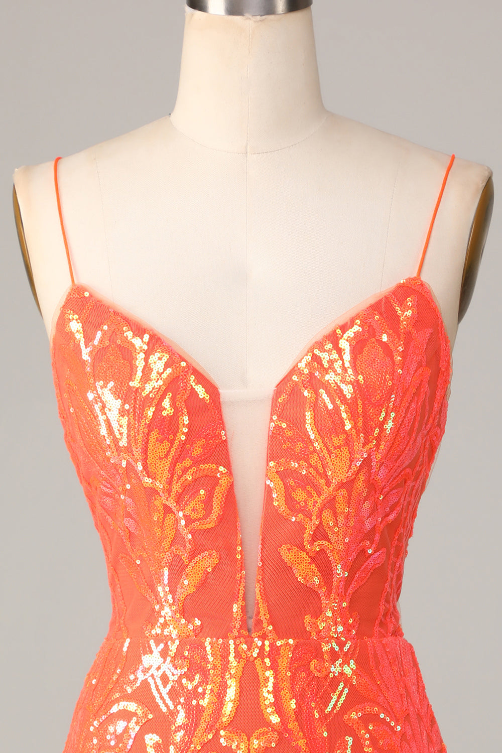Orange Spaghetti Straps Tight Homecoming Dress with Backless
