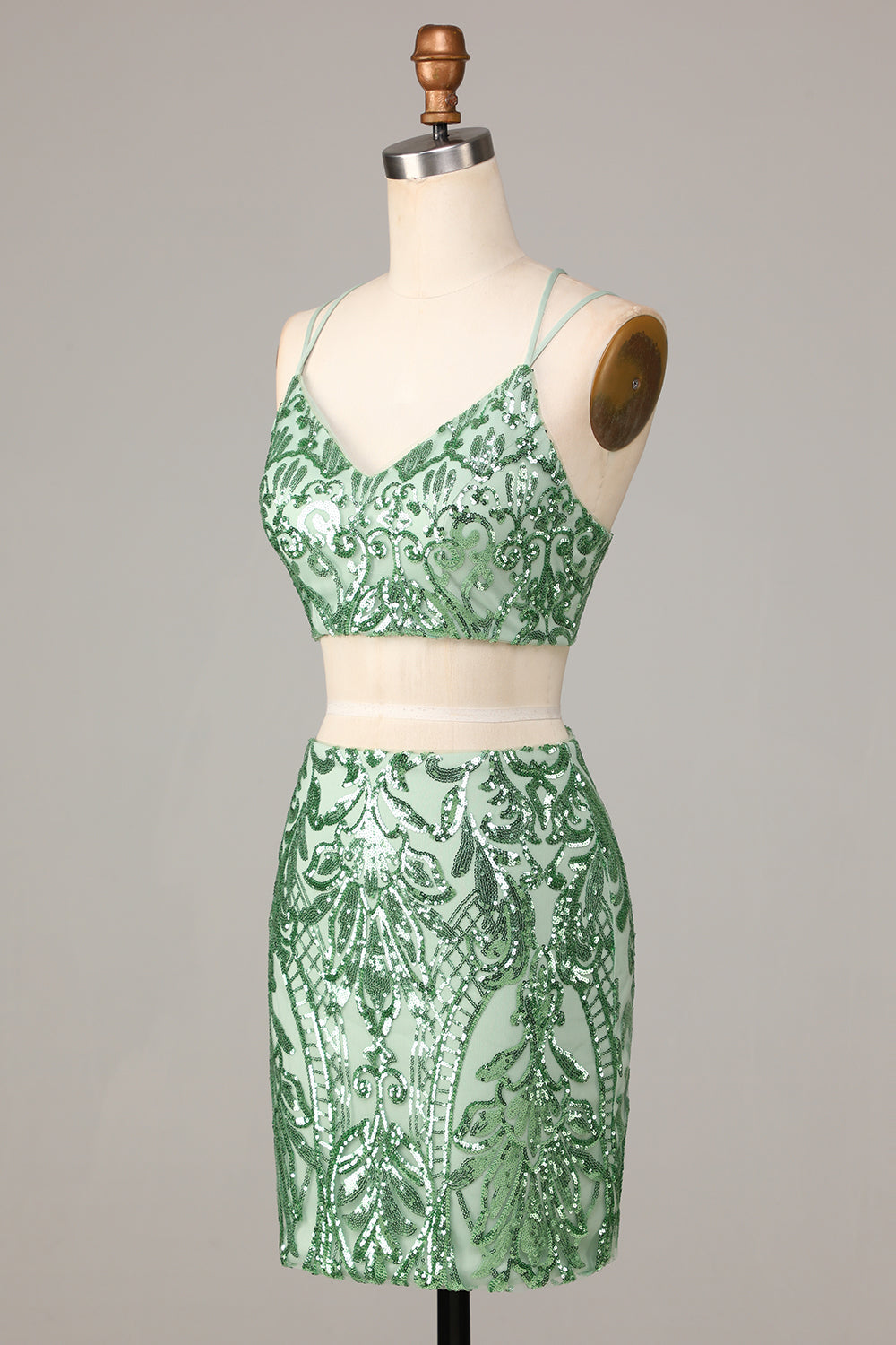 Two-Piece Spaghetti Straps Green Sequins Short Homecoming Dress