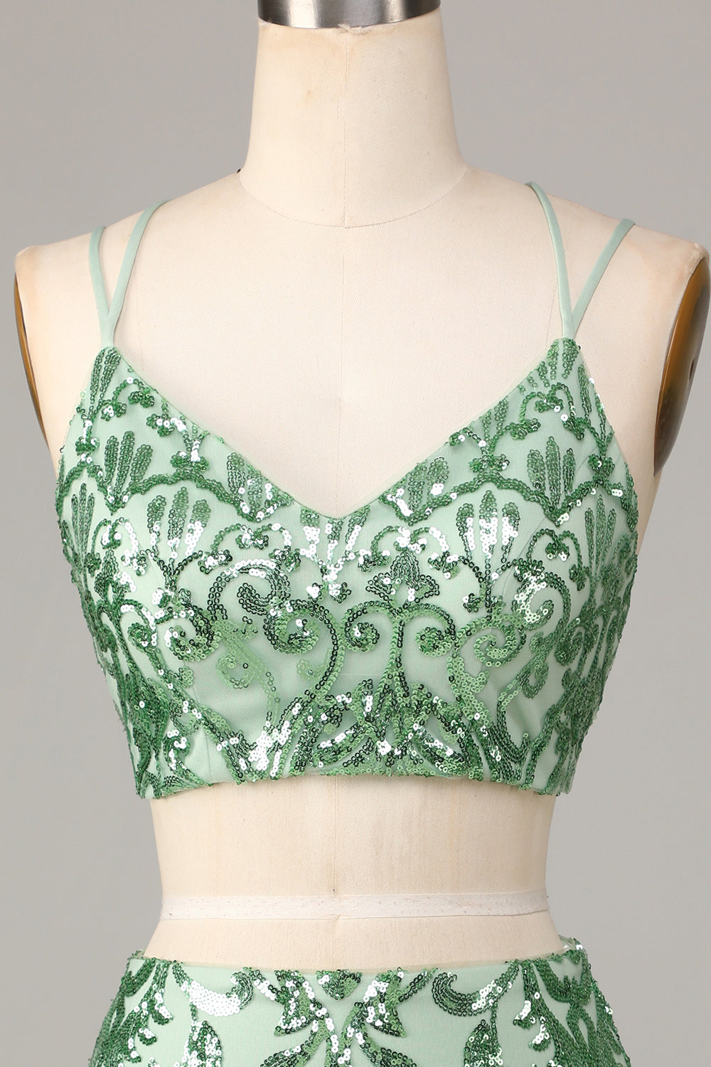 Two-Piece Spaghetti Straps Green Sequins Short Homecoming Dress