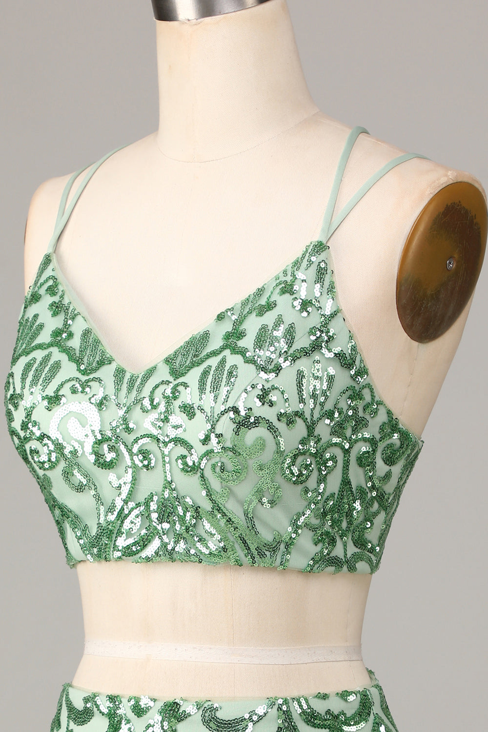 Two-Piece Spaghetti Straps Green Sequins Short Homecoming Dress