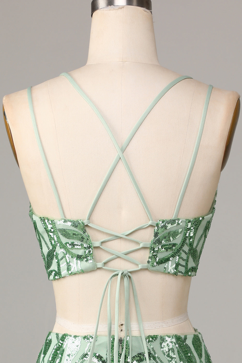 Two-Piece Spaghetti Straps Green Sequins Short Homecoming Dress