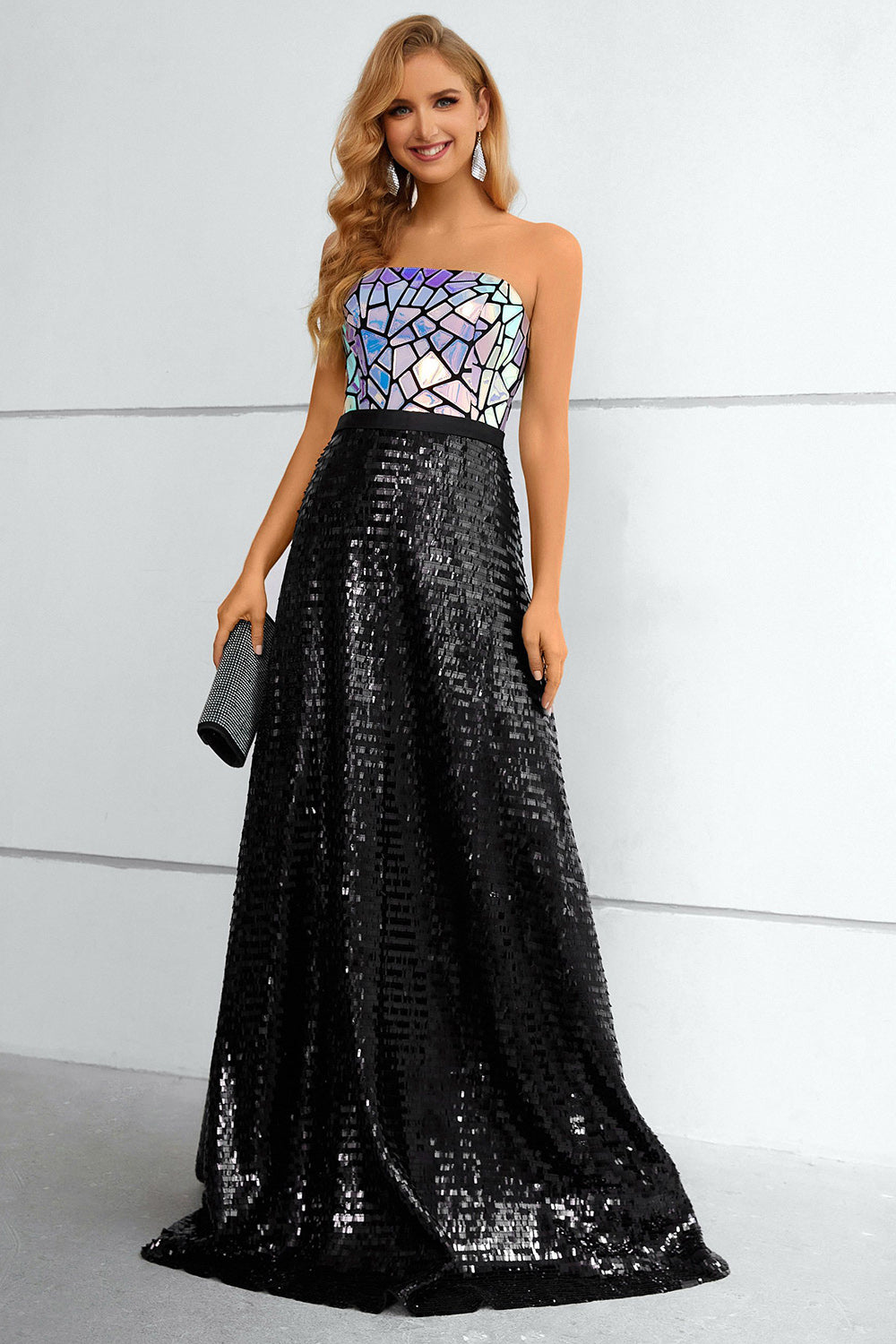 Black A Line Strapless Sparkly Sequin Strapless Prom Dress - Fashionpara