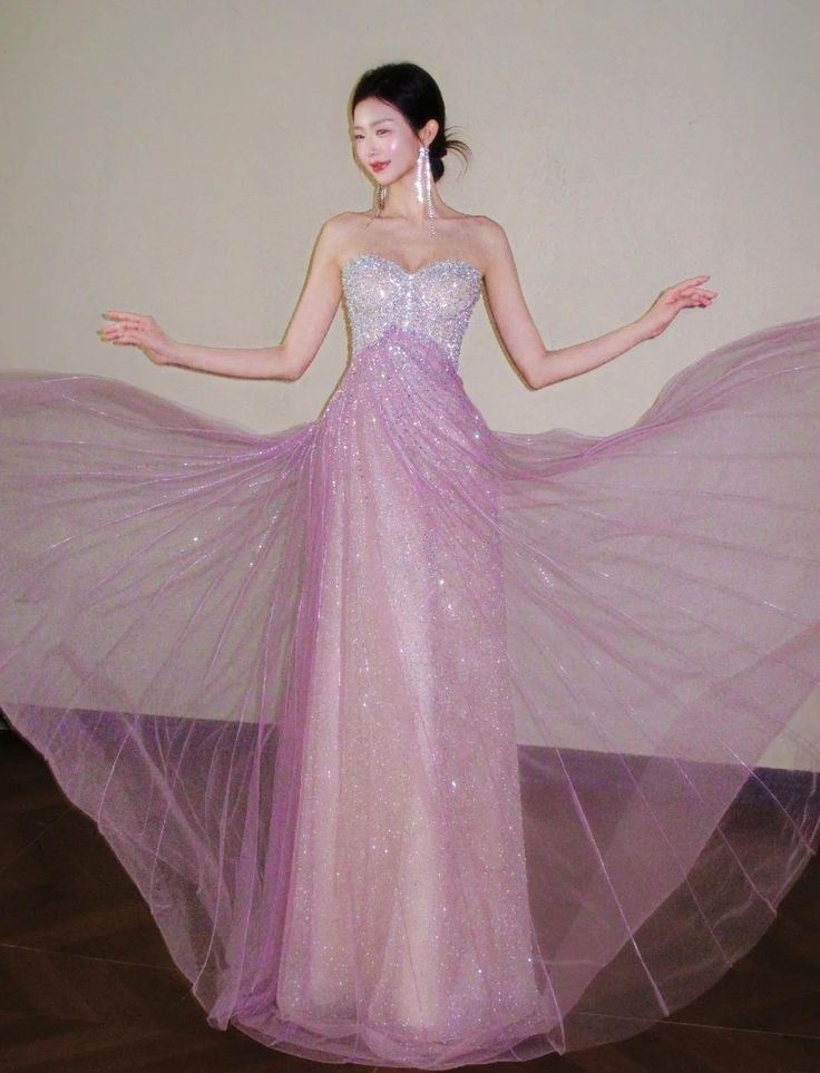Glitter Strapless Pink Tulle Sequin A Line Long Party Dress Evening Gown D1579